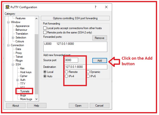 Picture showing entering the source and destination address on Putty
